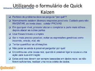 Utilizando o formulário de Quick
Kaizen
Utilizando o método dos 5 porquês
 