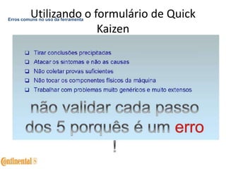 Utilizando o formulário de Quick
Kaizen
Erros comuns no uso da ferramenta
 