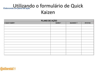Utilizando o formulário de Quick
Kaizen
Elaborando um plano de ação
O QUE FAZER?
PLANO DE AÇÃO
QUEM ? QUANDO ? STATUS
 