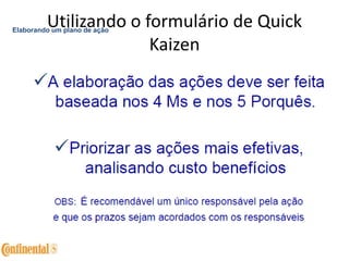 Utilizando o formulário de Quick
Kaizen
Elaborando um plano de ação
 