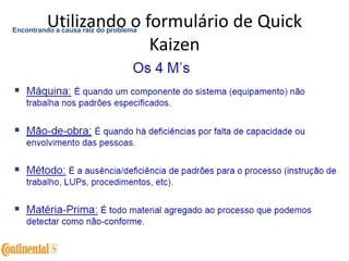 Utilizando o formulário de Quick
Kaizen
Encontrando a causa raiz do problema
 