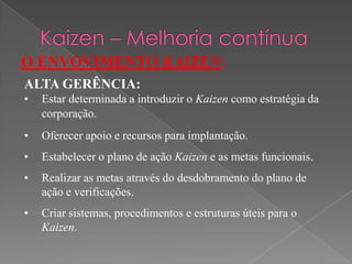O ENVOVIMENTO KAIZEN:
ALTA GERÊNCIA:
• Estar determinada a introduzir o Kaizen como estratégia da
corporação.
• Oferecer apoio e recursos para implantação.
• Estabelecer o plano de ação Kaizen e as metas funcionais.
• Realizar as metas através do desdobramento do plano de
ação e verificações.
• Criar sistemas, procedimentos e estruturas úteis para o
Kaizen.
 