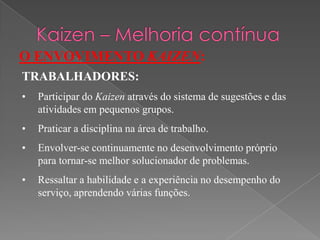 O ENVOVIMENTO KAIZEN:
TRABALHADORES:
• Participar do Kaizen através do sistema de sugestões e das
atividades em pequenos grupos.
• Praticar a disciplina na área de trabalho.
• Envolver-se continuamente no desenvolvimento próprio
para tornar-se melhor solucionador de problemas.
• Ressaltar a habilidade e a experiência no desempenho do
serviço, aprendendo várias funções.
 