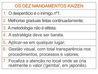 OS DEZ MANDAMENTOS KAIZEN
1. O desperdício é o inimigo nº1.
2. Melhorias graduais feitas continuadamente;
3. Ametodologia não é elitista;
4. A estratégia deve ser barata.
5. Aplicar-se em qualquer lugar;
6. Gestão visual, com total transparência nos
procedimentos, processos e valores;
7. Focaliza a atenção no local onde se cria
realmente o valor ('gemba', em japonês).
 