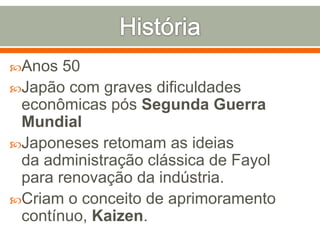 Anos 50
Japão com graves dificuldades
econômicas pós Segunda Guerra
Mundial
Japoneses retomam as ideias
da administração clássica de Fayol
para renovação da indústria.
Criam o conceito de aprimoramento
contínuo, Kaizen.
 