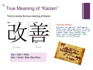 +
True Meaning of “Kaizen”
Time to review the true meaning of Kaizen
Kai = Self + Whip
Zen = Goat+ Altar (Sacrifice)
Change Good
 