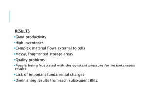 RESULTS
Good productivity
High inventories
Complex material flows external to cells
Messy, fragmented storage areas
Quality problems
People being frustrated with the constant pressure for instantaneous
results
Lack of important fundamental changes
Diminishing results from each subsequent Blitz
 
