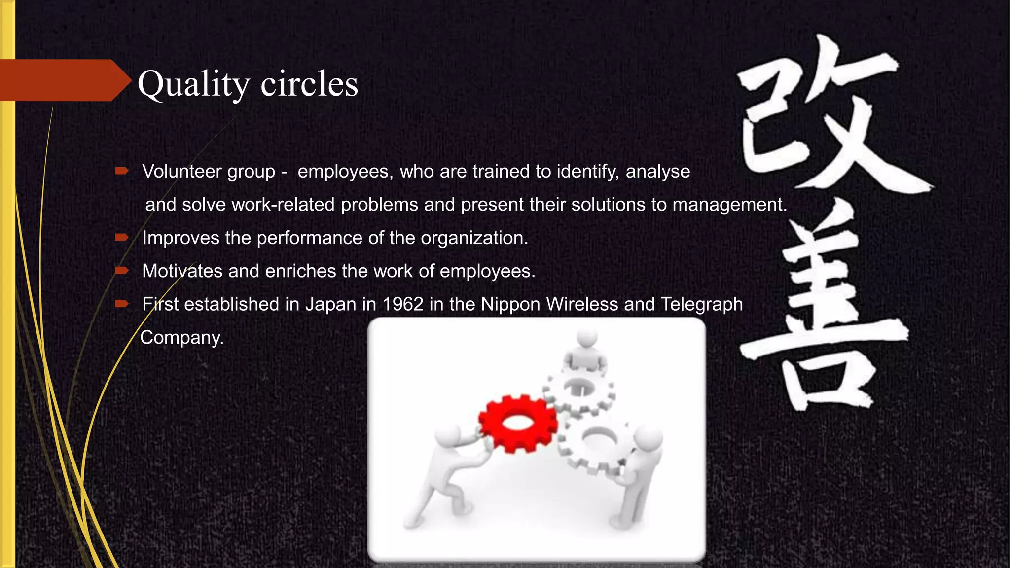Quality circles
 Volunteer group - employees, who are trained to identify, analyse
and solve work-related problems and present their solutions to management.
 Improves the performance of the organization.
 Motivates and enriches the work of employees.
 First established in Japan in 1962 in the Nippon Wireless and Telegraph
Company.
 