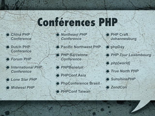 Conférences PHP
China PHP
Conference
Dutch PHP
Conference
Forum PHP
International PHP
Conference
Lone Star PHP
Midwest PHP
Northeast PHP
Conference
Pacific Northwest PHP
PHP Barcelona
Conference
PHPBenelux
PHPConf.Asia
PhpConference Brasil
PHPConf Taiwan
PHP Craft
Johannesburg
phpDay
PHP Tour Luxembourg
php[world]
True North PHP
SunshinePHP
ZendCon
 