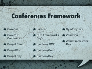 Conférences Framework
CakeFest
CakePHP
Conference
Drupal Camp
DrupalCon
Drupal Day
Laracon
PHP Frameworks
Day
Symfony CMF
SymfonyCon
SymfonyDay
SymfonyLive
ZendCon
Zend Framework
Day
 