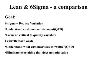 Lean & 6Sigma - a comparison
Goal:
6 sigma = Reduce Variation
•Understand customer requirement(QFD)
•Focus on critical to quality variables
Lean=Remove waste
•Understand what customer sees as “value”(QFD)
•Eliminate everything that does not add value
 