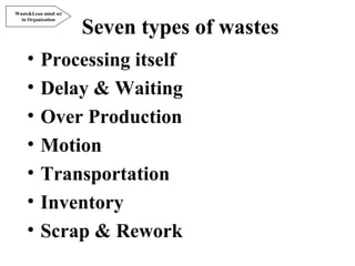 Seven types of wastes
• Processing itself
• Delay & Waiting
• Over Production
• Motion
• Transportation
• Inventory
• Scrap & Rework
Waste&Lean mind set
in Organization
 