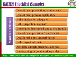 Engr. Abdun Noor, Centre for Management Development, bd.abdunnoor@gmail.com
KAIZEN Checklist (Sample)
 