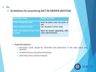 u Do
u Guidelines for practicing SET IN ORDER (SEITON)
u Potential impacts:
u Necessary items should be identified and positioned in the right place and
location.
u Unwanted items should be eliminated.
u Searching time could be reduced.
Necessary items Required action
Items frequently used Must be place near the point of
use
Items sometimes used Can be place further away
Items not used at all but must
be kept
Must be stored separately with
clear identification
 