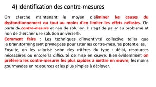 4) Identification des contre-mesures
On cherche maintenant le moyen d'éliminer les causes du
dysfonctionnement ou tout au moins d'en limiter les effets néfastes. On
parle de contre-mesure et non de solution. Il s'agit de palier au problème et
non de chercher une solution universelle.
Comment faire : Les techniques d'inventivité collective telles que
le brainstorming sont privilégiées pour lister les contre-mesures potentielles.
Ensuite, on les valorise selon des critères du type : délai, ressources
nécessaires ou encore la difficulté de mise en œuvre. Bien évidemment on
préfèrera les contre-mesures les plus rapides à mettre en œuvre, les moins
gourmandes en ressources et les plus simples à déployer.
 