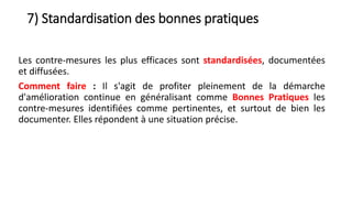 7) Standardisation des bonnes pratiques
Les contre-mesures les plus efficaces sont standardisées, documentées
et diffusées.
Comment faire : Il s'agit de profiter pleinement de la démarche
d'amélioration continue en généralisant comme Bonnes Pratiques les
contre-mesures identifiées comme pertinentes, et surtout de bien les
documenter. Elles répondent à une situation précise.
 
