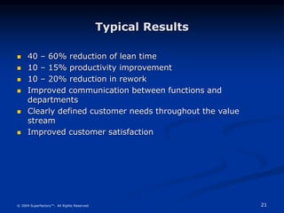 21
© 2004 Superfactory™. All Rights Reserved.
Typical Results
 40 – 60% reduction of lean time
 10 – 15% productivity improvement
 10 – 20% reduction in rework
 Improved communication between functions and
departments
 Clearly defined customer needs throughout the value
stream
 Improved customer satisfaction
 