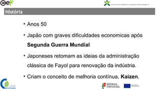 História
• Anos 50
• Japão com graves dificuldades economicas após
Segunda Guerra Mundial
• Japoneses retomam as ideias da administração
clássica de Fayol para renovação da indústria.
• Criam o conceito de melhoria contínua, Kaizen.
 