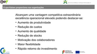 O que Kaizen proporciona nas organizações
Alcançam uma vantagem competitiva extraordinária
excelência operacional elevado podendo destacar-se:
• Aumento de produtividade
• Redução de custos
• Aumento de qualidade
• Redução de stocks
• Motivação dos colaboradores
• Maior flexibilidade
• Rápido retorno do investimento
 