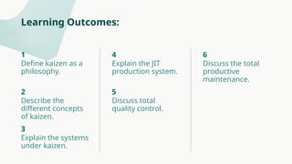 Learning Outcomes:
Define kaizen as a
philosophy.
1
Describe the
different concepts
of kaizen.
2
Explain the systems
under kaizen.
3
Explain the JIT
production system.
4
Discuss total
quality control.
5
Discuss the total
productive
maintenance.
6
 