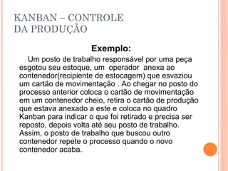 KANBAN – CONTROLE DA PRODUÇÃO Exemplo: Um posto de trabalho responsável por uma peça  esgotou seu estoque, um  operador  anexa ao contenedor(recipiente de estocagem) que esvaziou um cartão de movimentação . Ao chegar no posto do processo anterior coloca o cartão de movimentação em um contenedor cheio, retira o cartão de produção que estava anexado a este e coloca no quadro Kanban para indicar o que foi retirado e precisa ser reposto, depois volta até seu posto de trabalho. Assim, o posto de trabalho que buscou outro contenedor repete o processo quando o novo contenedor acaba. 