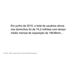 Em junho de 2015, o total de usuários ativos
nos domicílios foi de 74,2 milhões com tempo
médio mensal de exposição de 19h38min...
Fonte: http://www.ebit.com.br/webshoppers
 