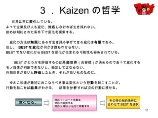 11
３．Kaizenの哲学
世界は常に変化している。
よって企業及び人も変化、対応しなければ生き残れない。
始めは制約された条件下で変化を模索する。
変化の方法は無限にあるが生き残る事ができる変化は有限である。
但し、 BESTな変化が何かは誰もわからない。
BESTでない変化からBESTな変化が生まれる可能性も秘められている。
BESTかどうかを評価するのは外部世界（お客様）が決めるのであって変化する
モノ自体が判断できないし、断定してはならない。
外部世界が良いと評価したとき、それが良いものなのだ。
ゆえに私達が最初におこなうべき事は変化という行動を起こすことだ。
行動を起こせば結果がわかる、 結果を分析すれば次の行動に移せる。
寒くなる。
対応１：コートを着る
対応2暖房する
対応3:暖かい地方に移動する
その時の制約条件に
合わせてBESTを選択
 