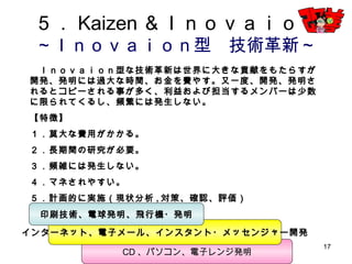 17
CD、パソコン、電子レンジ発明
５．Kaizen＆Ｉｎｏｖａｉｏｎ
～Ｉｎｏｖａｉｏｎ型 技術革新～
Ｉｎｏｖａｉｏｎ型な技術革新は世界に大きな貢献をもたらすが開発、発明には過
大な時間、お金を費やす。又一度、開発、発明されるとコピーされる事が多く、
利益および担当するメンバーは少数に限られてくるし、頻繁には発生しない。
【特徴】
１．莫大な費用がかかる。
２．長期間の研究が必要。
３．頻雑には発生しない。
４．マネされやすい。
５．計画的に実施（現状分析,対策、確認、評価）
インターネット、電子メール、インスタント・メッセンジャー開発
印刷技術、電球発明、飛行機・発明
 