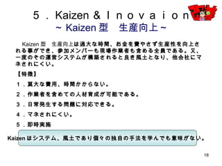 18
Kaizen型 生産向上は過大な時間、お金を費やさず生産性を向上される事がで
き、参加メンバーも現場作業者も含める全員である。又、一度のその運営システ
ムが構築されると良き風土となり、他会社にマネされにくい。
【特徴】
１．莫大な費用、時間かからない。
２．作業者を含めての人材育成が可能である。
３．日常発生する問題に対応できる。
４．マネされにくい。
５．即時実施
Kaizenはシステム、風土であり個々の独自の手法を学んでも意味がない。
５．Kaizen＆Ｉｎｏｖａｉｏｎ
～Kaizen型 生産向上～
 