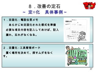 37
１．定型化：電話伝言メモ
あらかじめ定型化された様式を準備
必要な項目内容を記入しておけば、記入
漏れ、忘れがなくなる。
２．定置化:工具管理ボード
置く場所を決めて、探すムダをなくす。
８．改善の定石
～ 定○化 具体事例～
 