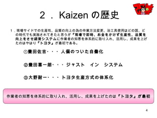 4
２．Kaizenの歴史
１．現場サイドでの生産性、品質の向上の為の作業方法変更、治工具使用はどの国、どの時代
でも実施されてきたと思うが『現場で即時、お金をかけず生産性、品質を向上をさせ経営シ
ステムに作業者の知恵を体系的に取り入れ、活用し、成果を上げたのはやはり『トヨタ』が
最初である。
①豊田佐吉・・・人偏のついた自働化
②豊田喜一朗・・・ジャスト イン システム
③大野耐一・・・トヨタ生産方式の体系化
作業者の知恵を体系的に取り入れ、活用し、成果を上げたのは『トヨタ』が最初
 