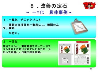 41
８．改善の定石
～ 一○化 具体事例～
１．一覧化：チエックリスト
複数ある項目を一覧表にし、確認のムダ、漏れ
を防止。
２．一元化：
商品ラベルと、賞味期限やバーコードラベルを
別々に貼り付けていたのもを一元化して印刷。。
作業工程を低減。
 