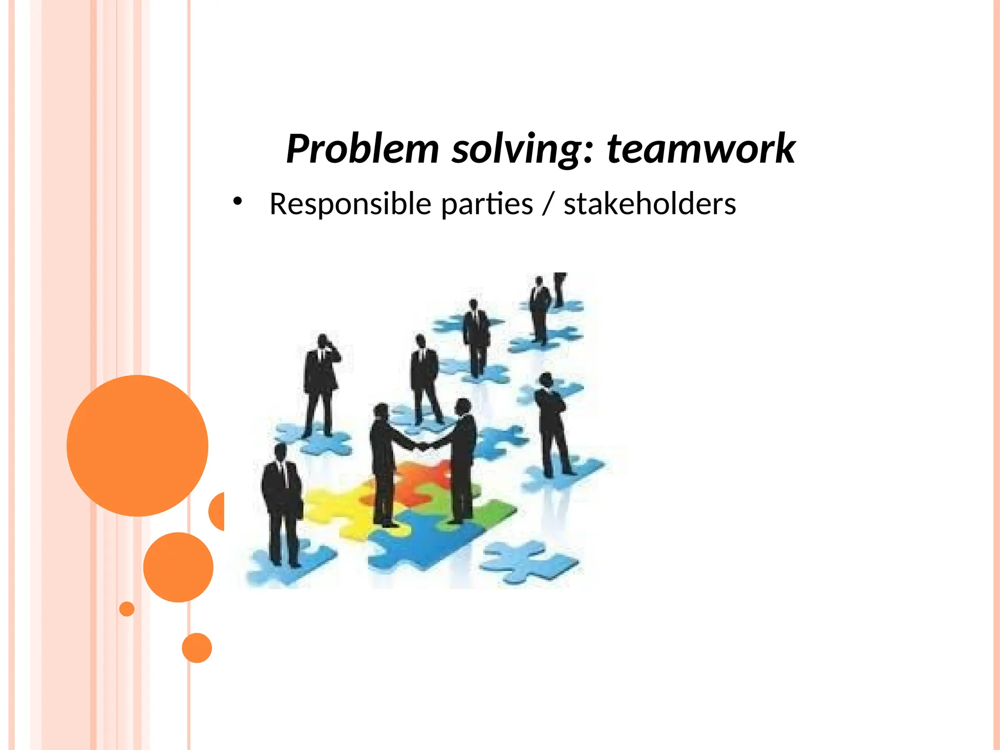 Problem solving: teamwork
• Responsible parties / stakeholders
 