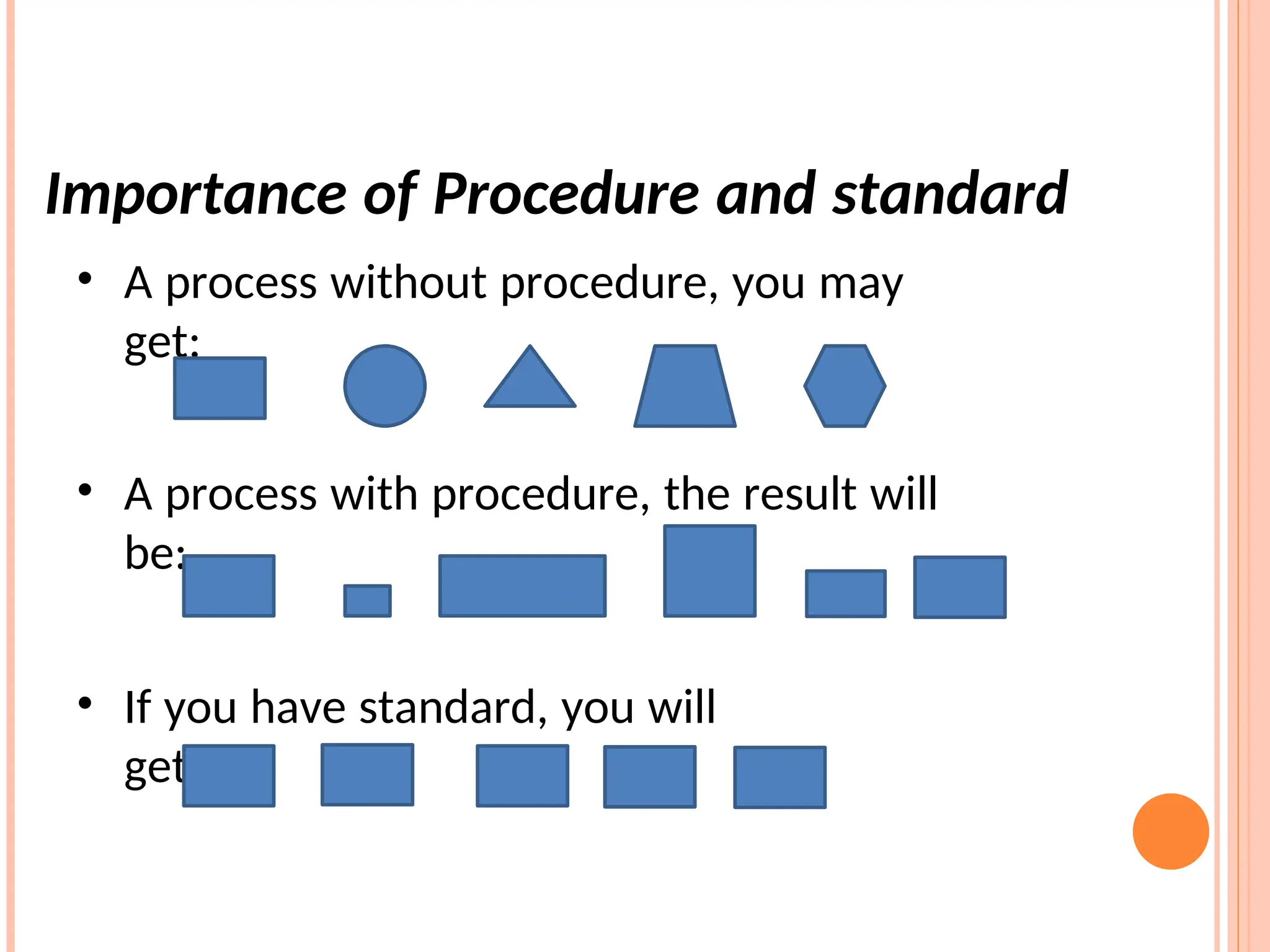 Importance of Procedure and standard
• A process without procedure, you may
get:
• A process with procedure, the result will
be:
• If you have standard, you will
get:
 
