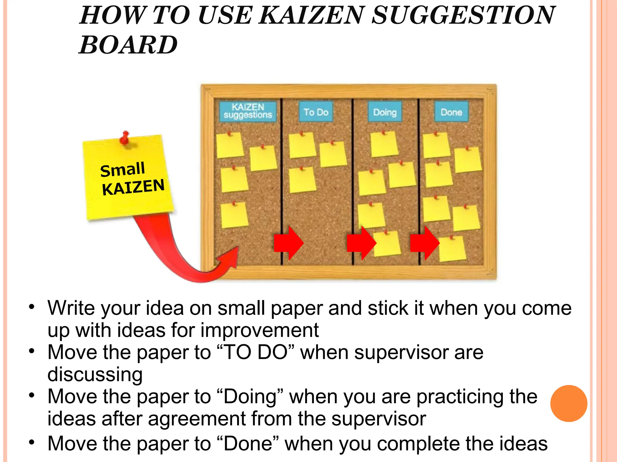 HOW TO USE KAIZEN SUGGESTION
BOARD
• Write your idea on small paper and stick it when you come
up with ideas for improvement
• Move the paper to “TO DO” when supervisor are
discussing
• Move the paper to “Doing” when you are practicing the
ideas after agreement from the supervisor
• Move the paper to “Done” when you complete the ideas
 