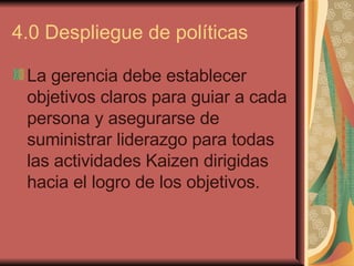 4.0 Despliegue de políticas  La gerencia debe establecer objetivos claros para guiar a cada persona y asegurarse de suministrar liderazgo para todas las actividades Kaizen dirigidas hacia el logro de los objetivos.   