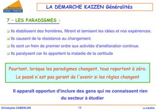 14
Christophe CABERLON Le KAIZEN
7 – LES PARADIGMES :
‰ Ils établissent des frontières, filtrent et tamisent les idées et nos expériences.
‰ Ils causent de la résistance au changement.
‰ Ils sont un frein de premier ordre aux activités d'amélioration continue.
‰ Ils paralysent car ils apportent la maladie de la certitude
Il apparaît opportun d'inclure des gens qui ne connaissent rien
du secteur à étudier
Pourtant, lorsque les paradigmes changent, tous repartent à zéro.
Le passé n'est pas garant de l'avenir si les règles changent
LA DEMARCHE KAIZEN Généralités
 