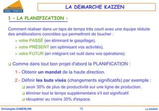 15
Christophe CABERLON Le KAIZEN
1 – LA PLANIFICATION :
Comment réaliser dans un laps de temps très court avec une équipe réduite
des améliorations concrètes qui permettront de toucher :
¾ votre PASSÉ (en éliminant le gaspillage),
¾ votre PRÉSENT (en optimisant vos activités),
¾ votre FUTUR (en intégrant cet outil dans vos opérations).
‰ Comme dans tout bon projet d'abord la PLANIFICATION :
1 - Obtenir un mandat de la haute direction.
2 - Définir les buts visés (changements significatifs) par exemple :
‰ avoir 30% de plus de productivité sur une ligne de production.
‰ éliminer tout le temps supplémentaire s'il est significatif.
‰ récupérer au moins 30% d'espace.
LA DEMARCHE KAIZEN
 
