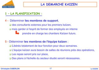 17
Christophe CABERLON Le KAIZEN
1 – LA PLANIFICATION :
4 - Déterminer les membres de support,
‰ des consultants externes pour les premiers kaïzen,
‰ mais garder à l'esprit de former des employés en interne
prendre en charge les chantiers Kaïzen futurs.
5 - Déterminer les membres de l'équipe kaïzen :
‰ Libérés totalement de leur fonction pour deux semaines.
‰ L'équipe kaïzen aura besoin de salles de réunions près des opérations,
‰ Les repas seront pris sur place,
‰ Des plans à l'échelle du secteur étudié seront nécessaires.
LA DEMARCHE KAIZEN
 