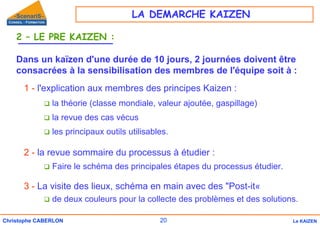 20
Christophe CABERLON Le KAIZEN
2 – LE PRE KAIZEN :
Dans un kaïzen d'une durée de 10 jours, 2 journées doivent être
consacrées à la sensibilisation des membres de l'équipe soit à :
1 - l'explication aux membres des principes Kaizen :
‰ la théorie (classe mondiale, valeur ajoutée, gaspillage)
‰ la revue des cas vécus
‰ les principaux outils utilisables.
2 - la revue sommaire du processus à étudier :
‰ Faire le schéma des principales étapes du processus étudier.
3 - La visite des lieux, schéma en main avec des "Post-it«
‰ de deux couleurs pour la collecte des problèmes et des solutions.
LA DEMARCHE KAIZEN
 