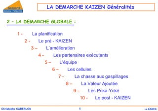 4
Christophe CABERLON Le KAIZEN
1 - La planification
2 - Le pré - KAIZEN
3 – L’amélioration
4 - Les partenaires exécutants
5 – L’équipe
6 – Les cellules
7 - La chasse aux gaspillages
8 – La Valeur Ajoutée
9 – Les Poka-Yoké
10 - Le post - KAIZEN
2 – LA DEMARCHE GLOBALE :
LA DEMARCHE KAIZEN Généralités
 
