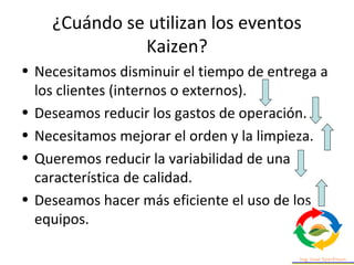 ¿Cuándo se utilizan los eventos
Kaizen?
• Necesitamos disminuir el tiempo de entrega a
los clientes (internos o externos).
• Deseamos reducir los gastos de operación.
• Necesitamos mejorar el orden y la limpieza.
• Queremos reducir la variabilidad de una
característica de calidad.
• Deseamos hacer más eficiente el uso de los
equipos.
 