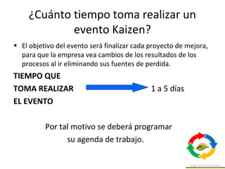 ¿Cuánto tiempo toma realizar un
evento Kaizen?
• El objetivo del evento será finalizar cada proyecto de mejora,
para que la empresa vea cambios de los resultados de los
procesos al ir eliminando sus fuentes de perdida.
TIEMPO QUE
TOMA REALIZAR 1 a 5 días
EL EVENTO
Por tal motivo se deberá programar
su agenda de trabajo.
 