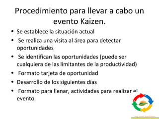 Procedimiento para llevar a cabo un
evento Kaizen.
• Se establece la situación actual
• Se realiza una visita al área para detectar
oportunidades
• Se identifican las oportunidades (puede ser
cualquiera de las limitantes de la productividad)
• Formato tarjeta de oportunidad
• Desarrollo de los siguientes días
• Formato para llenar, actividades para realizar el
evento.
 