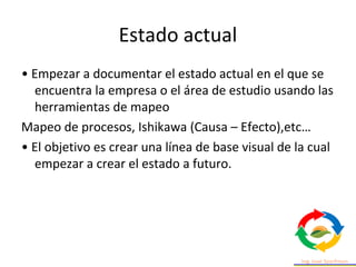 Estado actual
• Empezar a documentar el estado actual en el que se
encuentra la empresa o el área de estudio usando las
herramientas de mapeo
Mapeo de procesos, Ishikawa (Causa – Efecto),etc…
• El objetivo es crear una línea de base visual de la cual
empezar a crear el estado a futuro.
 