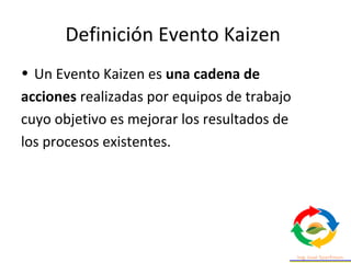 Definición Evento Kaizen
• Un Evento Kaizen es una cadena de
acciones realizadas por equipos de trabajo
cuyo objetivo es mejorar los resultados de
los procesos existentes.
 