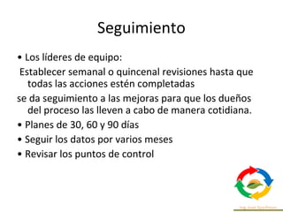 Seguimiento
• Los líderes de equipo:
Establecer semanal o quincenal revisiones hasta que
todas las acciones estén completadas
se da seguimiento a las mejoras para que los dueños
del proceso las lleven a cabo de manera cotidiana.
• Planes de 30, 60 y 90 días
• Seguir los datos por varios meses
• Revisar los puntos de control
 