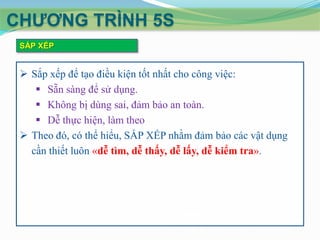 CHƢƠNG TRÌNH 5S
 SẮP XẾP


  Sắp xếp để tạo điều kiện tốt nhất cho công việc:
     Sẵn sàng để sử dụng.
     Không bị dùng sai, đảm bảo an toàn.
     Dễ thực hiện, làm theo
  Theo đó, có thể hiểu, SẮP XẾP nhằm đảm bảo các vật dụng
   cần thiết luôn «dễ tìm, dễ thấy, dễ lấy, dễ kiểm tra».
 