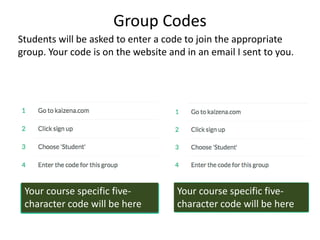 Group Codes
Students will be asked to enter a code to join the appropriate
group. Your code is on the website and in an email I sent to you.
Your course specific five-
character code will be here
Your course specific five-
character code will be here
 