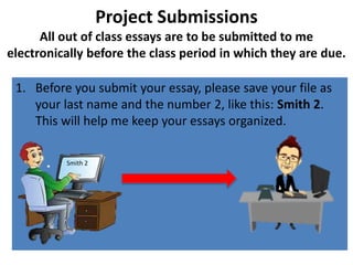 Project Submissions
All out of class essays are to be submitted to me
electronically before the class period in which they are due.
1. Before you submit your essay, please save your file as
your last name and the number 2, like this: Smith 2.
This will help me keep your essays organized.
Smith 2
 